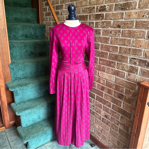 VTG 80s 90s Magenta Hot Pink Long Sleeve Patterned Dress - Picture 3 of 5